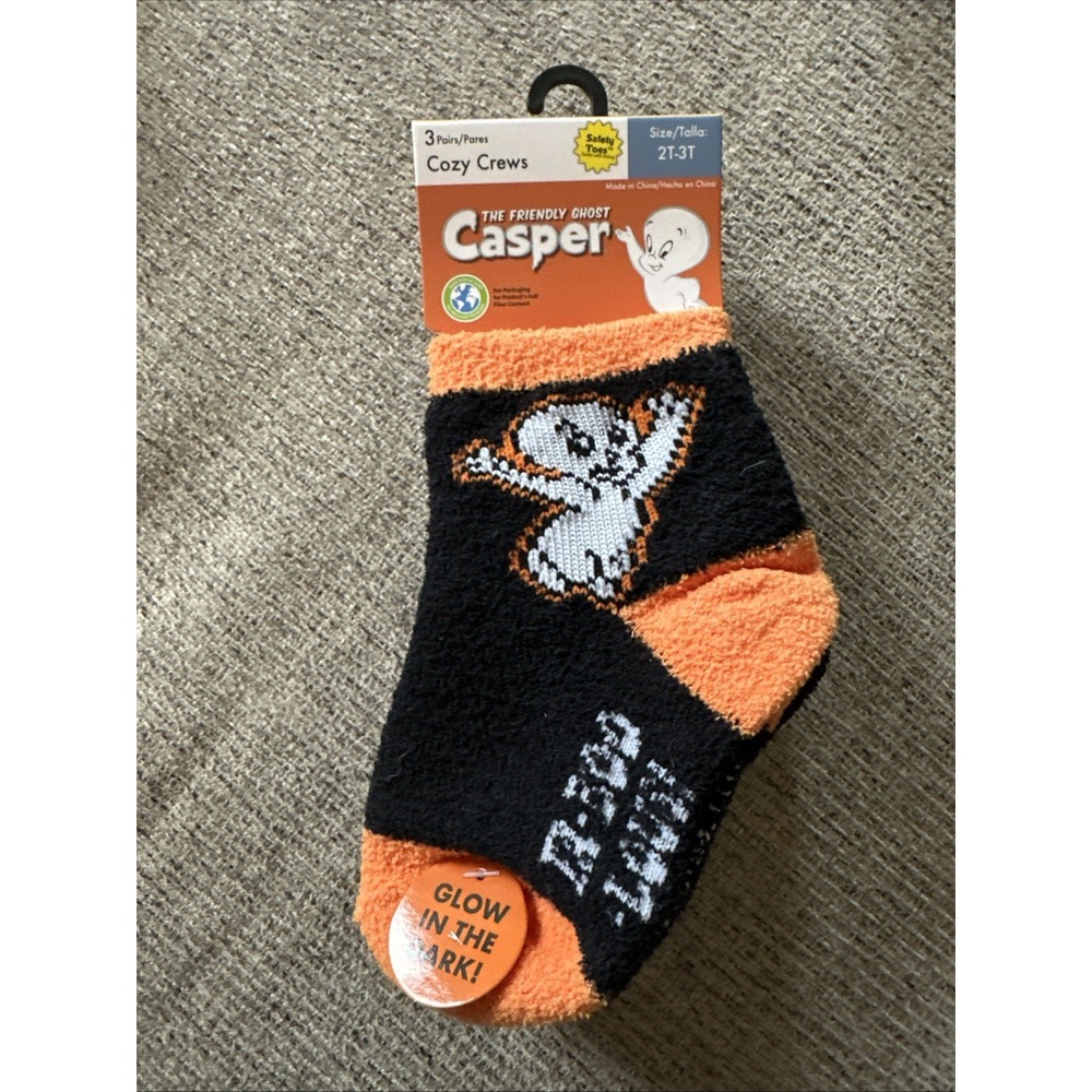 Casper The Friendly Ghost Glow-In-The-Dark Cozy Crew Socks For Kids 2T-3T Orange